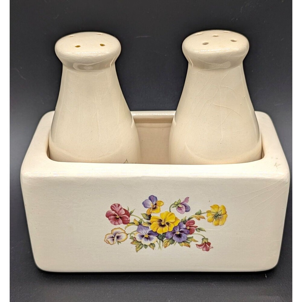 Handmade Ceramic Floral Salt & Pepper Shakers w/ Holder Set 3pc 5in Glossy